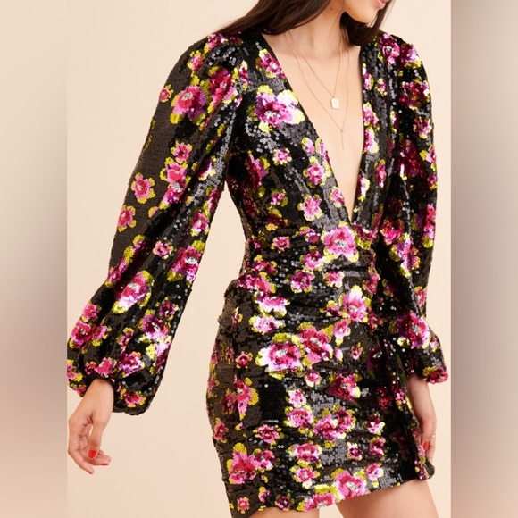 For Love & Lemons Morrison Rose Floral Sequin Mini Dress Size M - Picture 5 of 14